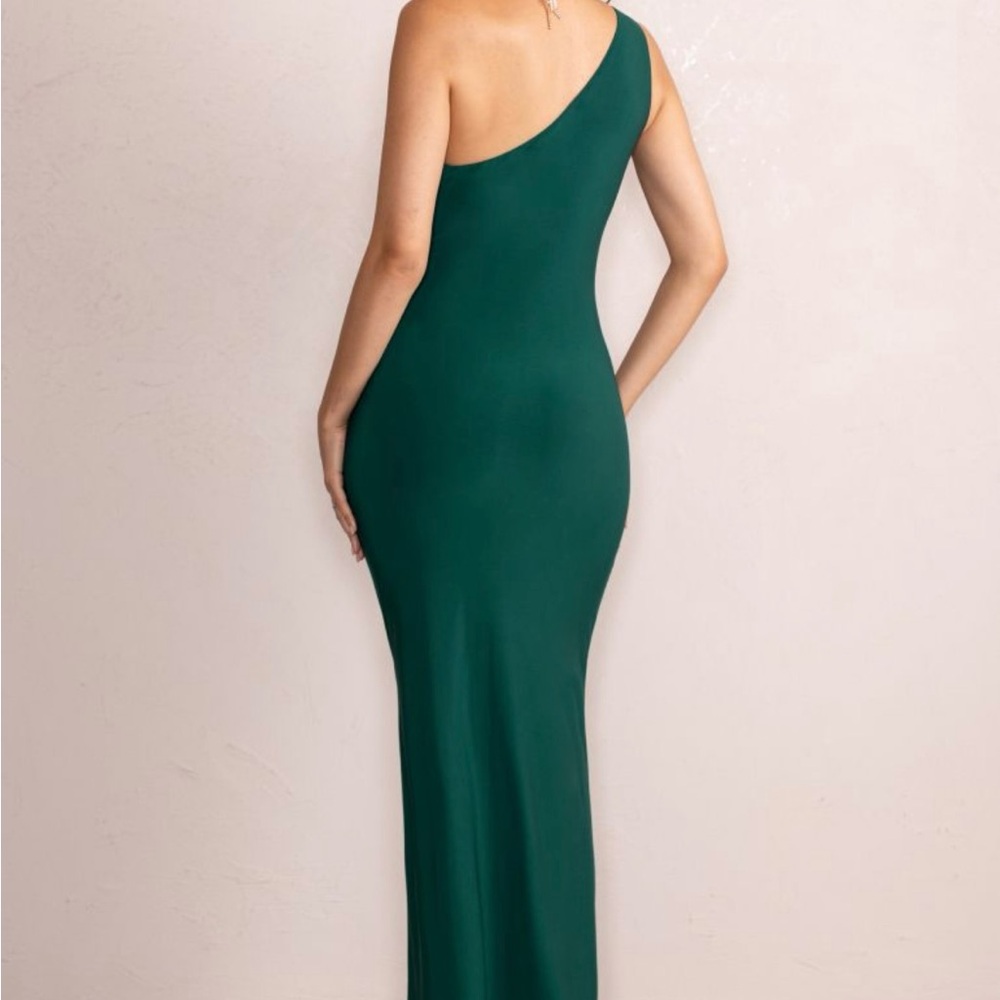Until Dawn | Bottle Green One Shoulder Ruched Front Cut Out Maxi Dress - Picture 4 of 5